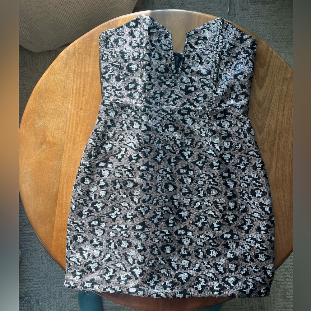 Zara Black & Silver Sequin Leopard-Print Mini Dress